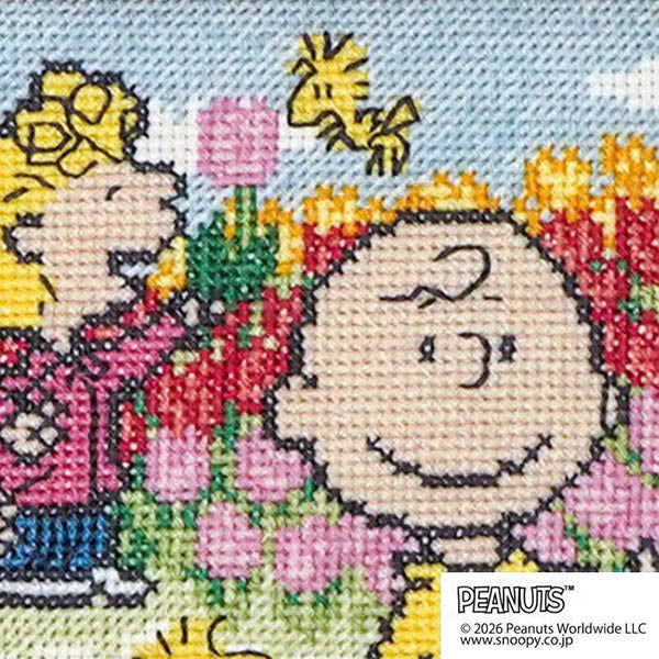 【手芸キット】クロスステッチフレーム<スヌーピーとチューリップ畑>