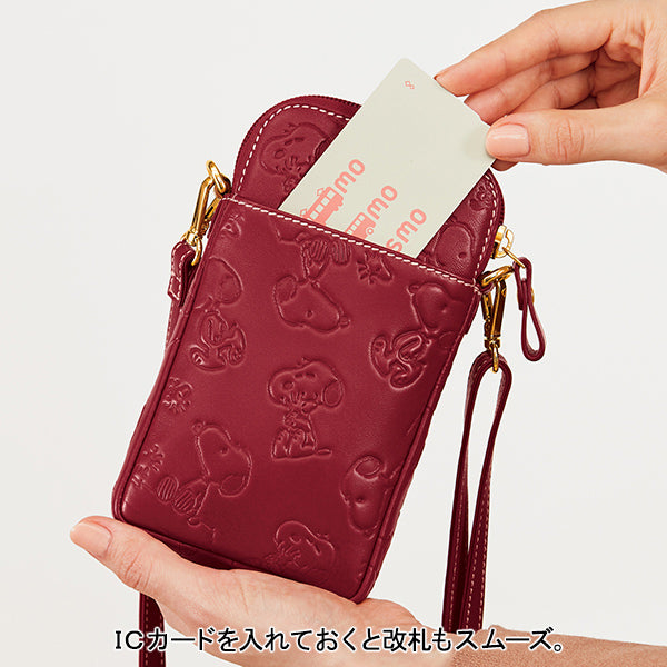 美品】スヌーピー どこでも携帯ポシェット 上質ラム革 スマホ