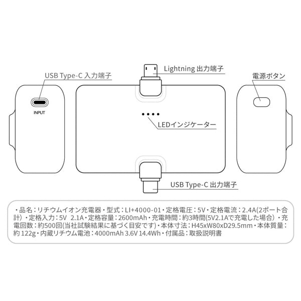 スヌーピー Lightning/Type-Cコネクタ付き リチウムイオン充電器 4000mAh